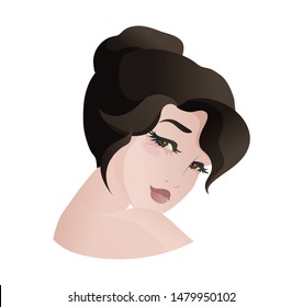 Portrait of beautiful asian woman, bowed her head to her shoulder, side view. Vector illustration isolated on white