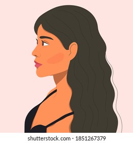 Portrait of a beautiful asian woman in profile. Female face flat color vector illustration. Isolated cartoon dark haired girl character on light pink background