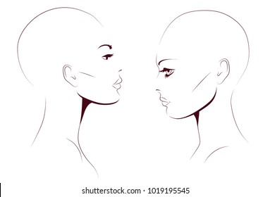 Portrait of beautiful bald women looking each other, a woman in profile, isolated outline silhouette - vector illustration.