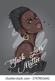 Portrait of a beautiful black girl. African woman. Protests in America. Black Lives Matter. Vector illustration.