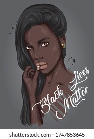 Portrait of a beautiful black girl. African woman. Protests in America. Black Lives Matter. Vector illustration.