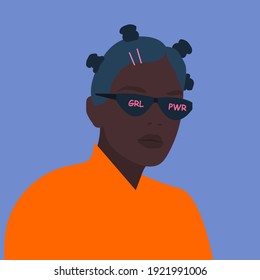 Portrait of beautiful black teenage girl in sunglasses with the inscription girl power. International women’s day. 8th march. Women empowerment movement Eps 10