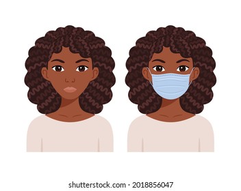 Portrait of a Beautiful Black Woman with an Afro Hairstyle. Cartoon Female Character Wears a Medical Mask on Face. Avatar for a Young Cute Lady. Flat Color Fashion Style. White background. Vector