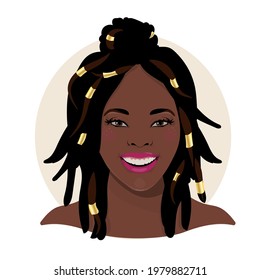 Portrait of beautiful black woman with deadlocks haircut, smiling happy African woman. Vector illustration isolated on a white background.