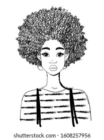 Portrait Of A Beautiful Black Woman. Linear Drawing Of An African American Girl With Curly Hair. Vector Illustration Isolated On A White Background.