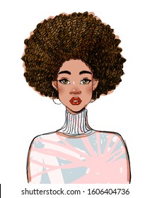 Portrait of a beautiful black woman model. Modern afro american girl with curly hair. Vector illustration isolated on a white background.