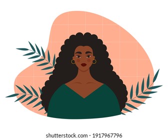 Portrait of a beautiful black woman. Young african american woman with long curly hair on a colorful background with palm leaves. Pretty girl face. Isolated vector illustration with a female character