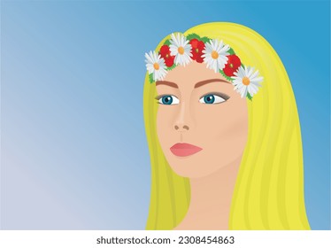 Portrait of a beautiful blond summer girl with flower wreath in her hair. Vector illustration.