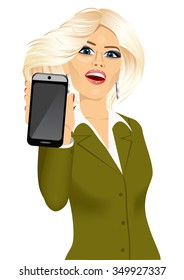 portrait of beautiful blonde businesswoman displaying her smartphone isolated on white background