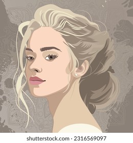 Retrato de una hermosa rubia con pelo rizado con un rayo. Ilustración vectorial aislada en un fondo ornamental abstracto