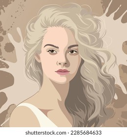 Retrato de una hermosa rubia con el pelo rizado suelto. Ilustración vectorial aislada en un fondo abstracto