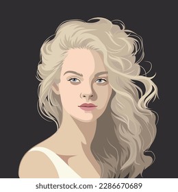 Portrait of a beautiful blonde girl with loose curly hair. Vector illustration isolated on a black background