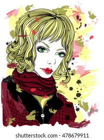 Portrait of beautiful blonde girl on abstract background. Fashion vector illustration. Print for T-shirt