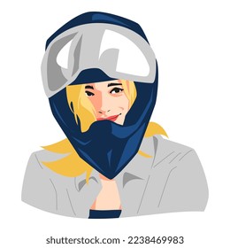 Porträt eines schönen blonden Haars mit einem Motorradhelm. lächeln. geeignet für Motorradliebhaber, Avatar für soziale Medien. Druck, Plakat, Aufkleber usw. flache Vektorgrafik.