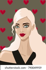 Portrait of a beautiful blonde on a background of red hearts