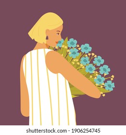 Retrato de una hermosa mujer rubia con un ramo de flores. Carácter femenino con un fondo oscuro. Día Internacional de la Mujer. Ilustración vectorial en estilo plano