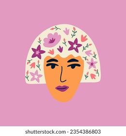 Portrait of a beautiful blondes woman with flowers. Avatar of white female character isolated on background. Flat vector cartoon illustration. Mental health.