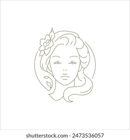 Portrait beautiful blossom flower woman in hand drawn circle frame linear logo vector illustration. Beautiful female face with botanical floral in hair golden monochrome line art emblem for cosmetics