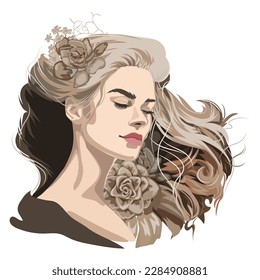 Portrait of a beautiful brunette girl with closed eyes and loose curly hairs decorated with flowers. Vector illustration isolated on white background