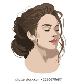 Portrait of a beautiful brunette girl with closed eyes and curly hair with a beam. Vector illustration isolated on white background