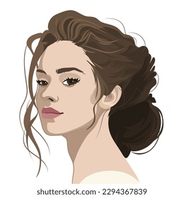 Portrait of a beautiful brunette girl with curly hair with a beam. Vector illustration isolated on white background