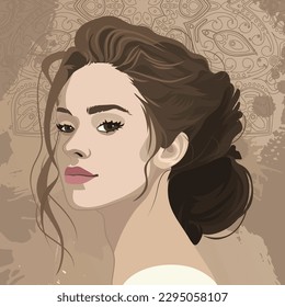 Retrato de una bella morena con pelo rizado y vigas. Ilustración vectorial aislada en un fondo ornamental abstracto