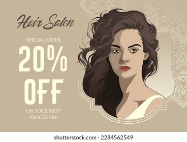 Portrait of a beautiful brunette girl with loose curly hair in a vintage frame. Vector illustration isolated on an abstract ornate background