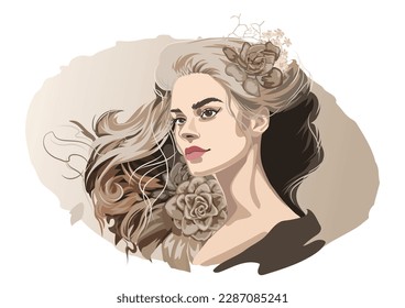 Portrait of a beautiful brunette girl with loose curly hair decorated with flowers. Vector illustration isolated on white background