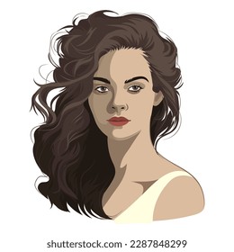 Retrato de una bella morena con el pelo rizado suelto. Ilustración del vector aislada en fondo blanco