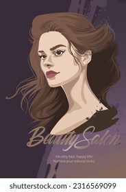 Portrait of a beautiful brunette girl with loose curly hair decorated with splashes. Vector illustration isolated on a dark purple background