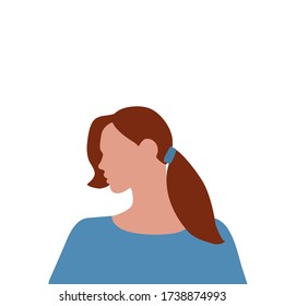 Portrait of a beautiful brunette girl side view. A young woman with brown hair, blue clothes, and no features. Avatar for social networks. Greeting card with International women's day. Profile