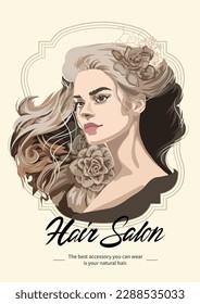 Portrait of a beautiful brunette girl in a vintage frame with loose curly hair and decorated with flowers. Vector illustration isolated on pale background