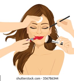 portrait of beautiful brunette model woman with many hands holding makeup brush, eyeliner pencil, sponge and lipstick