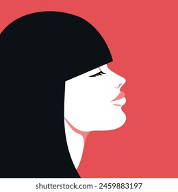 Portrait of a beautiful brunette woman with bangs. Female profile on red background. Vector illustration