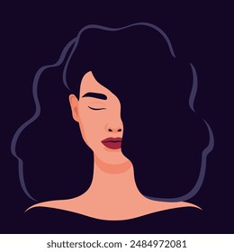 Portrait of beautiful brunette woman with closed eyes and hair covering half of face. Young female with black hair and red lips abstract avatar