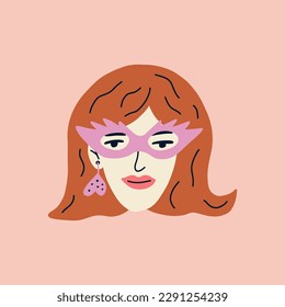 Portrait of beautiful brunette woman with fancy glasses. Avatar of European female character isolated on background. Hand drawn vector illustration for postcards, posters, social network.