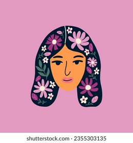 Portrait of beautiful brunette woman and flowers in her hair. Girl with daisies isolated on background. Flat vector cartoon illustration. Mental health.