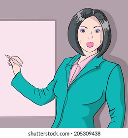 Portrait of a beautiful business woman holding a blank billboard. Ready to add text. Isolated over white background.