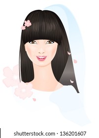 Portrait of beautiful chinese bride with flowers.  Vector