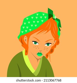 Portrait of a beautiful and country girl with freckles. Avatar for social networks. Bright vector illustration in a flat style.