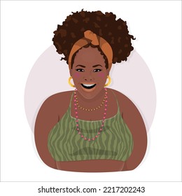Portrait of beautiful curvy young woman with natural afro hair style. Cute African American black girl with head wrap vector illustration. Happy lifestyle concept.
