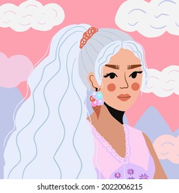 Portrait of a beautiful cute blonde woman on a background of clouds, modern flat style. Cute girl with ice cream earrings. Vector illustration