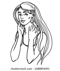 Portrait of a beautiful, cute girl with long hair. Black linear outline of a woman isolated on a white background. You're beautiful. Vector illustration.