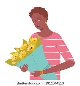 Portrait of a beautiful dark skin woman with a bouquet of flowers. Female character on a dark background. International Women's Day. Vector illustration in flat style