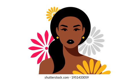 Portrait of beautiful dark skinned women with gigantic flowers. Brunette, long hair, ponytail. Female portrait, head, shoulders, abstract floral shapes. Modern vector avatar, logo, print, banner.