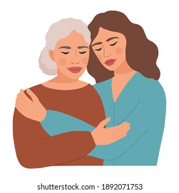 Portrait of beautiful daughter embracing her mother with love. International Women's Day or Mothers Day concept. Modern design for greeting card, poster, print. Flat vector illustration.