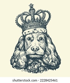 Portrait beautiful DOG with royal crown. Pet animal, cute puppy in vintage engraving style. Sketch vector illustration