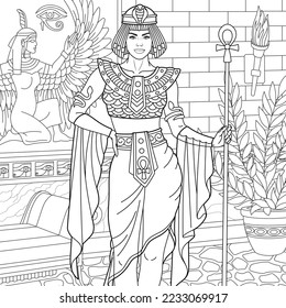 Portrait of beautiful Egyptian woman. Adult coloring book page in mandala style - Shutterstock ID 2233069917