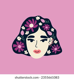 Portrait of beautiful European woman with field flowers. Avatar of European female character. Vector for postcards, posters, social network. Woman mental health.