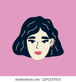 Portrait of beautiful European woman with hoop earrings. Avatar of European female character isolated on white background. Hand drawn vector illustration for postcards, posters, social network.